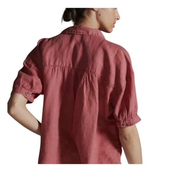 PILCRO Anthropologie Size M 100% Linen Surf Button Down Short Sleeve Shirt Pink - Picture 2 of 13